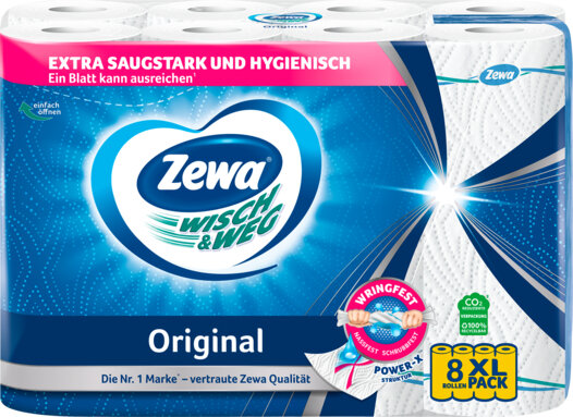 Zewa Küchenrolle Wisch & Weg Original, 2-lagig, 45 Blatt je Rolle, mit Bordüre, XL Pack, 8 Rollen